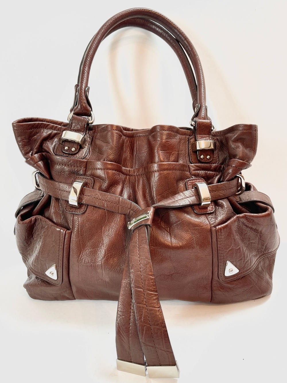 B. MAKOWSKY RICH BROWN LEATHER SHOULDER BAG WITH LEOPARD LINING